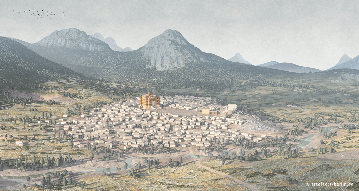 This rendering shows the whole reconstructed settlement of Yeha in a beautifully rendered green environment with mountains in the back.